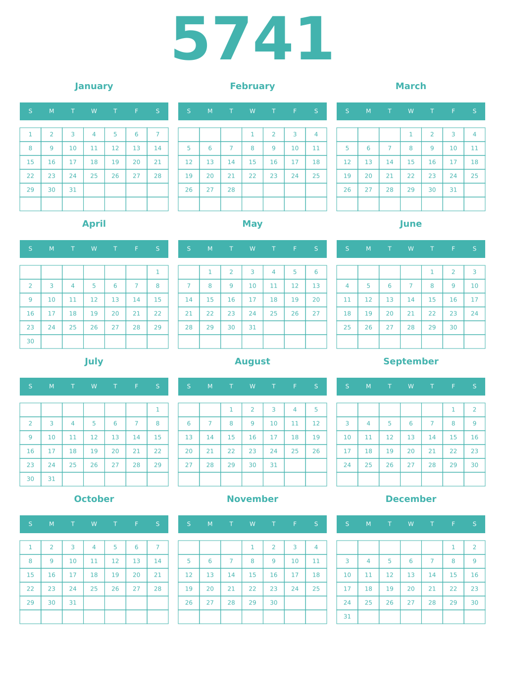 Printable 5741 Year Calendars verdigris