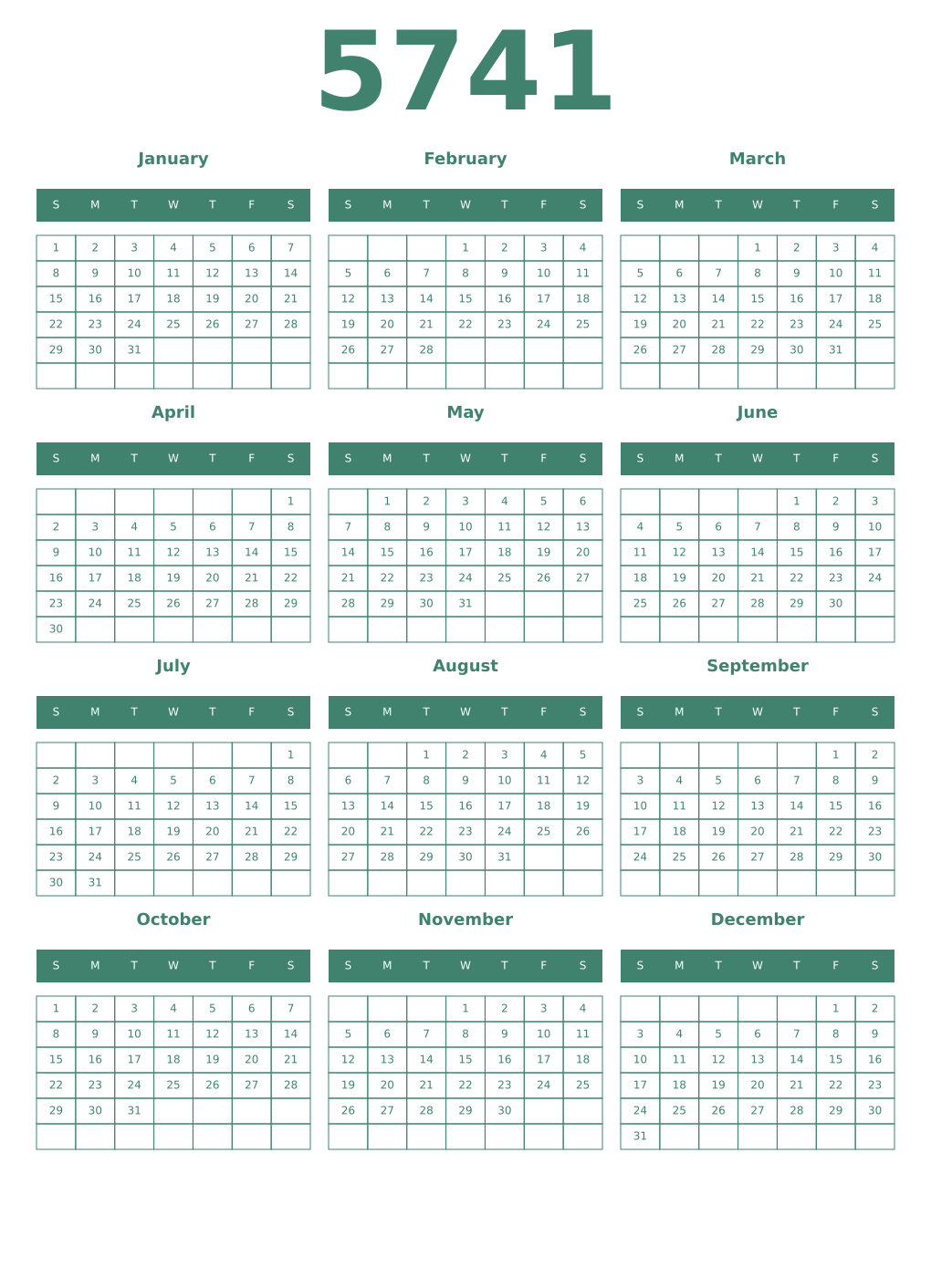 Printable 5741 Year Calendars viridian