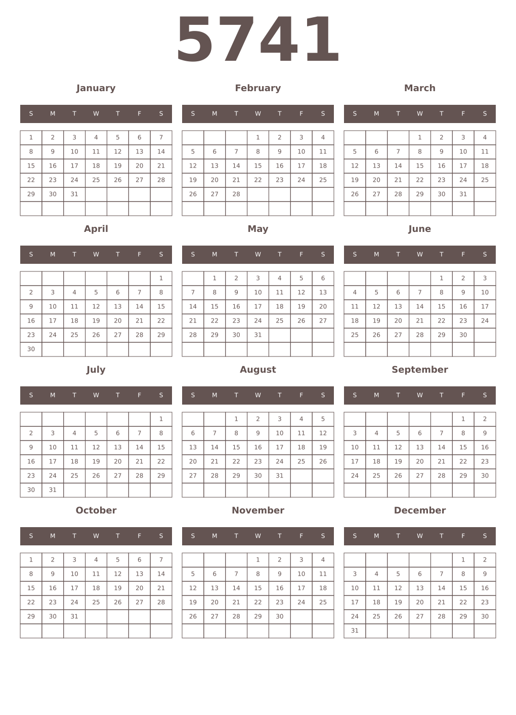 Printable 5741 Year Calendars wenge
