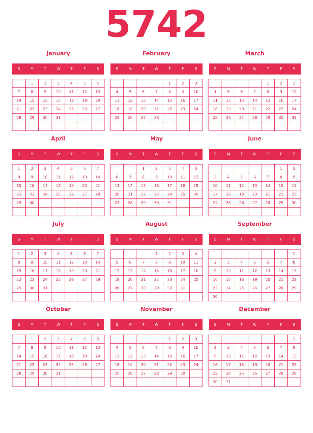 Printable 5742 Year Calendars amaranth