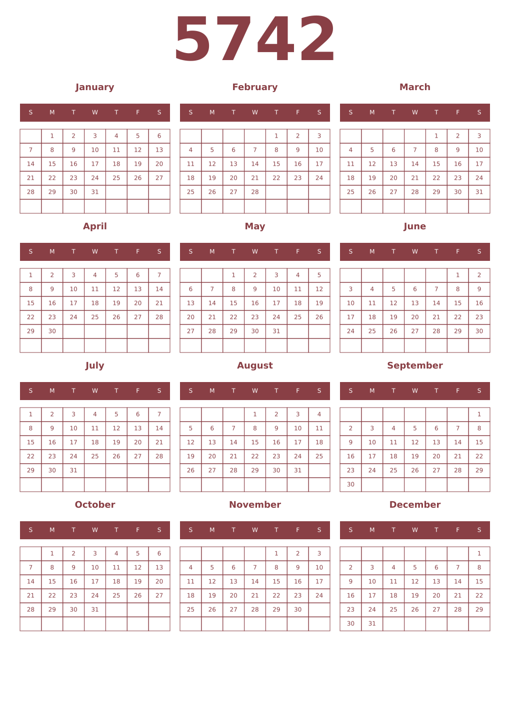 Printable 5742 Year Calendars cordovan