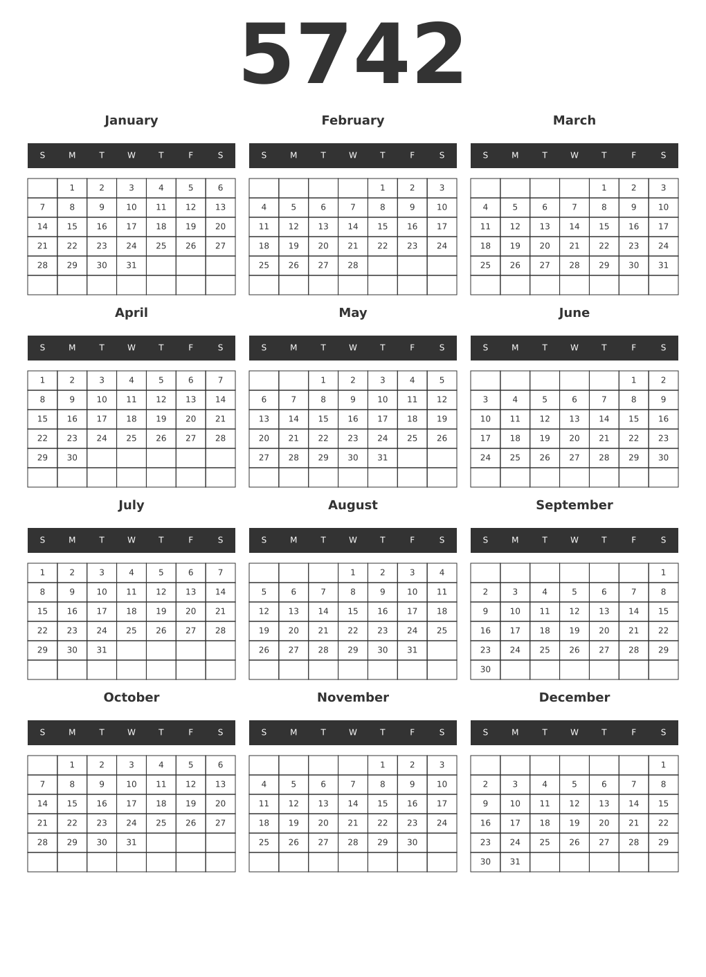 Printable 5742 Year Calendars dark