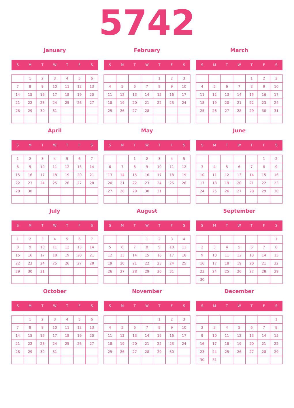 Printable 5742 Year Calendars pink