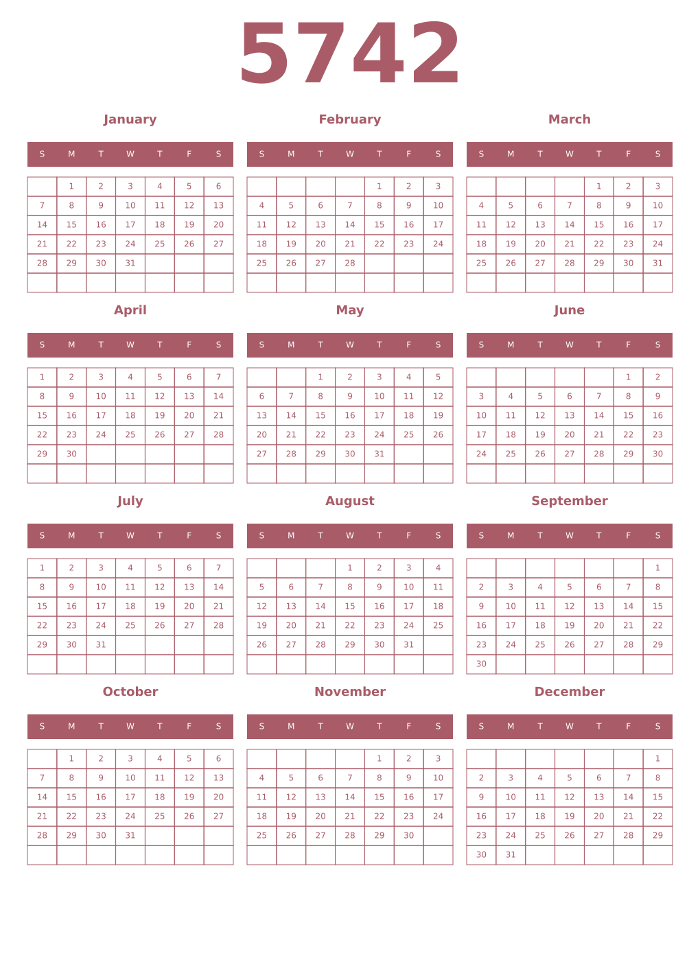Printable 5742 Year Calendars puce