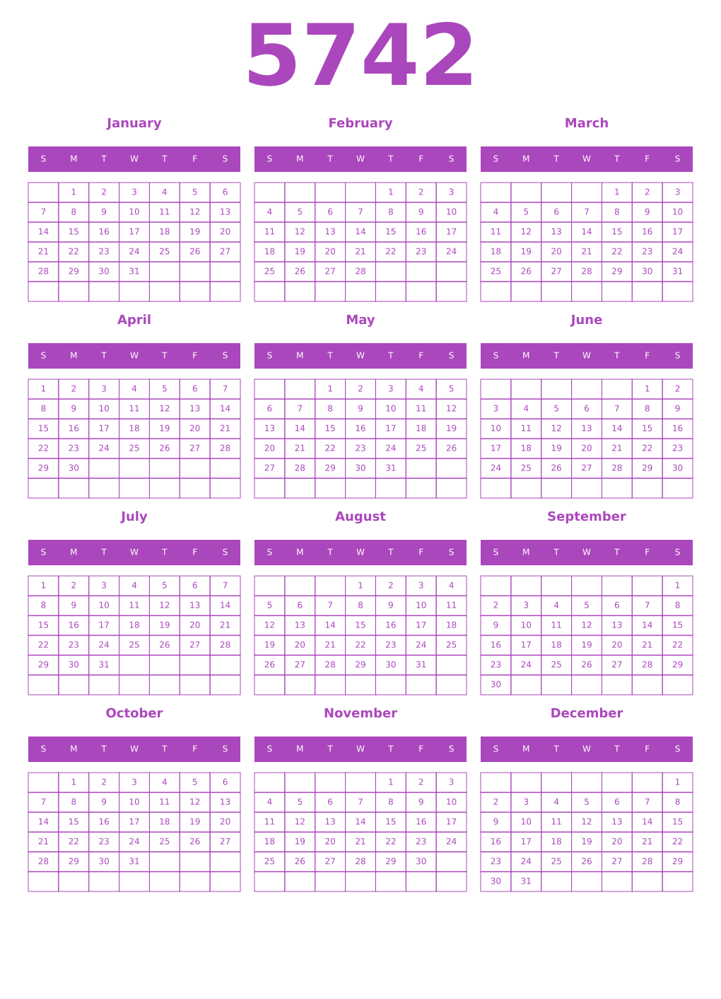 Printable 5742 Year Calendars purple