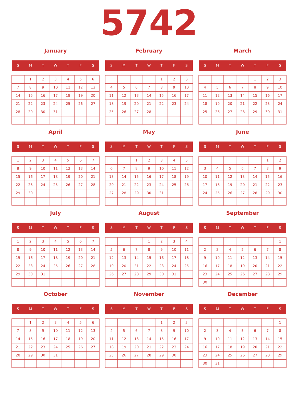 Printable 5742 Year Calendars red
