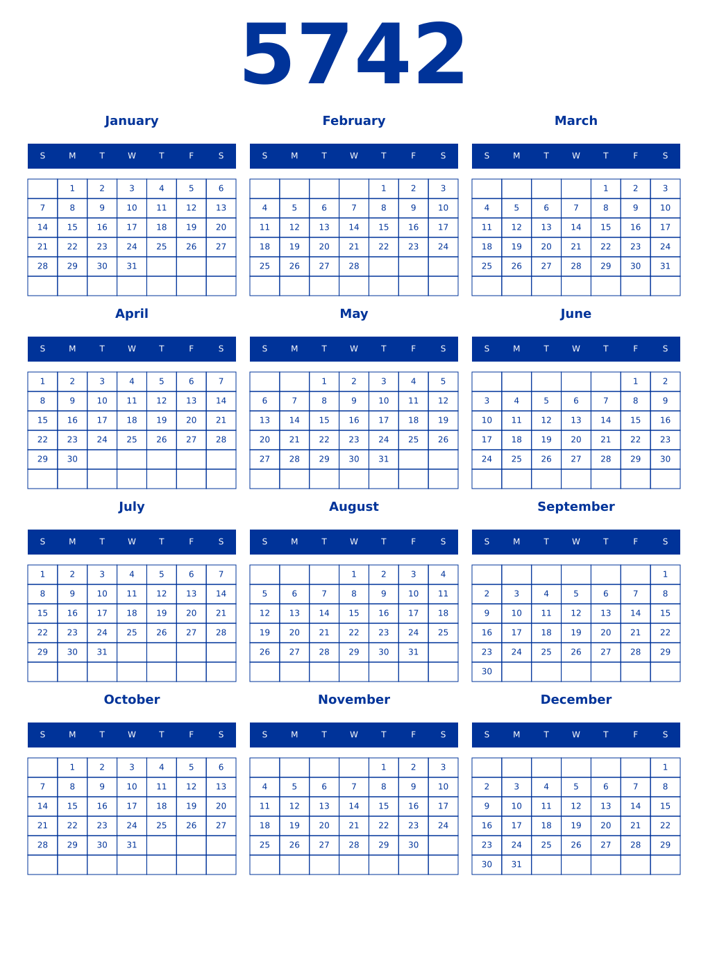 Printable 5742 Year Calendars smalt