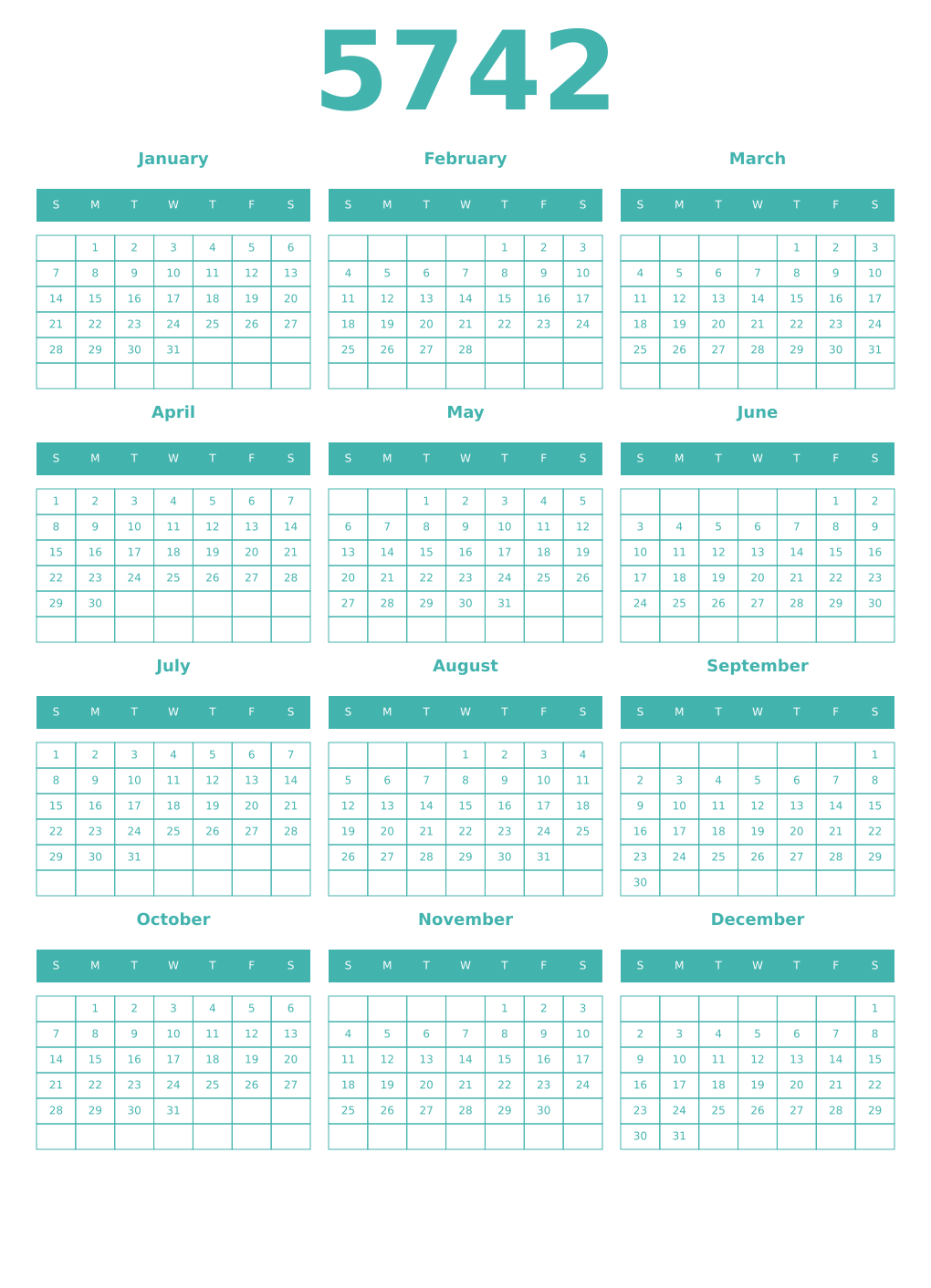 Printable 5742 Year Calendars verdigris