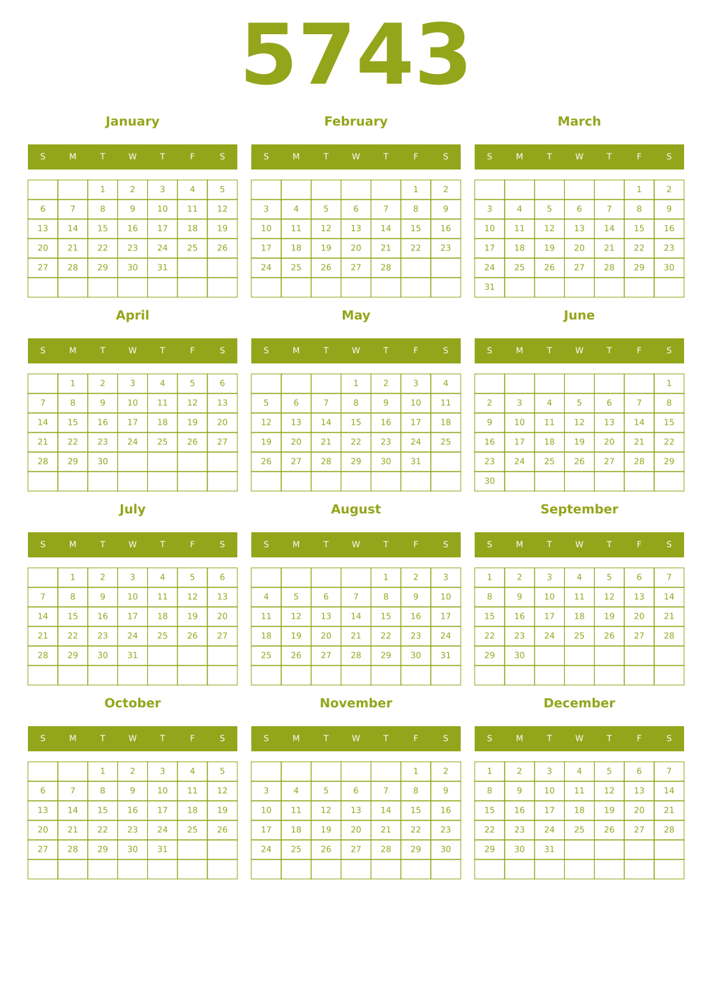 Printable 5743 Year Calendars chartreuse