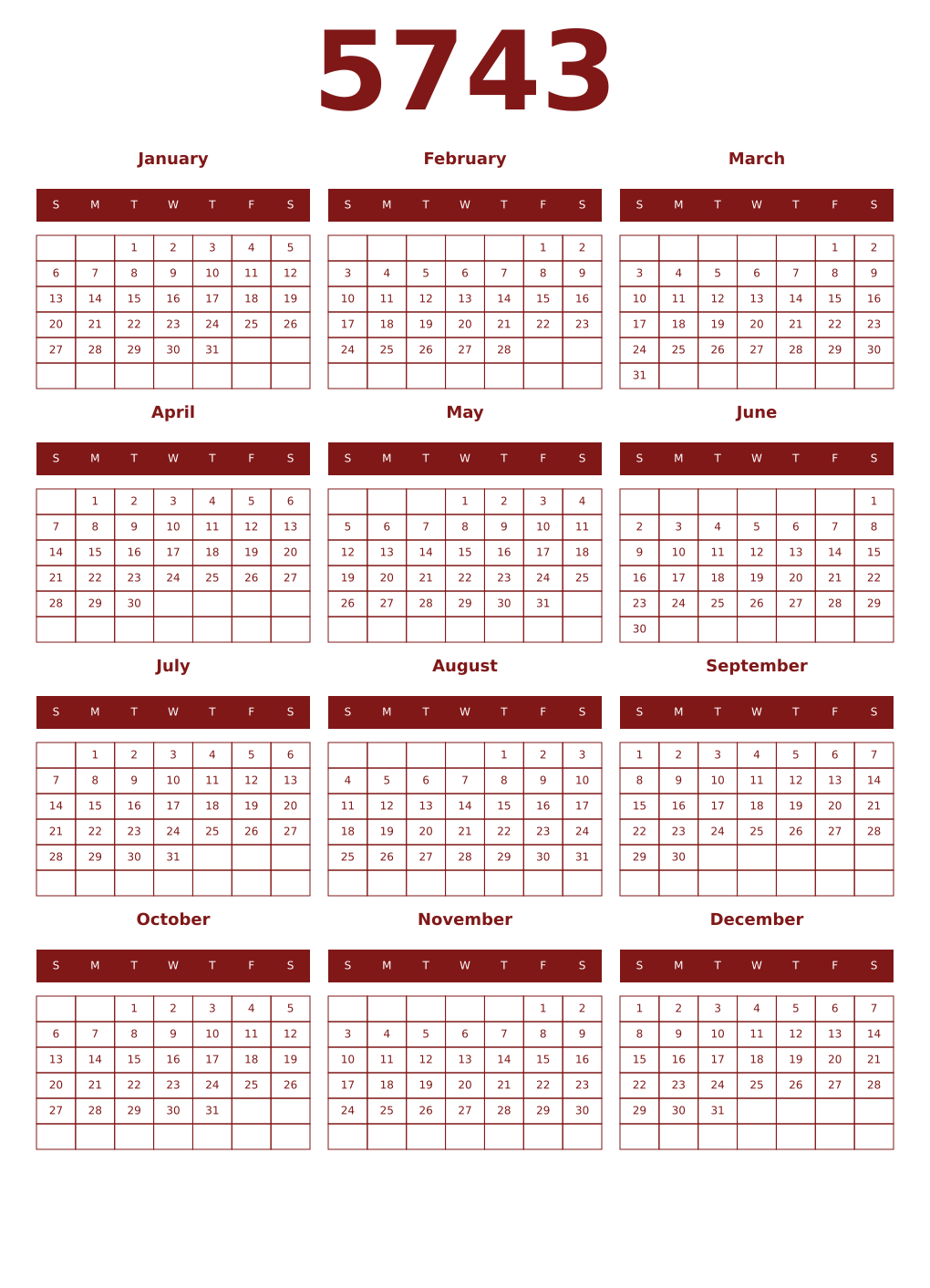 Printable 5743 Year Calendars falu