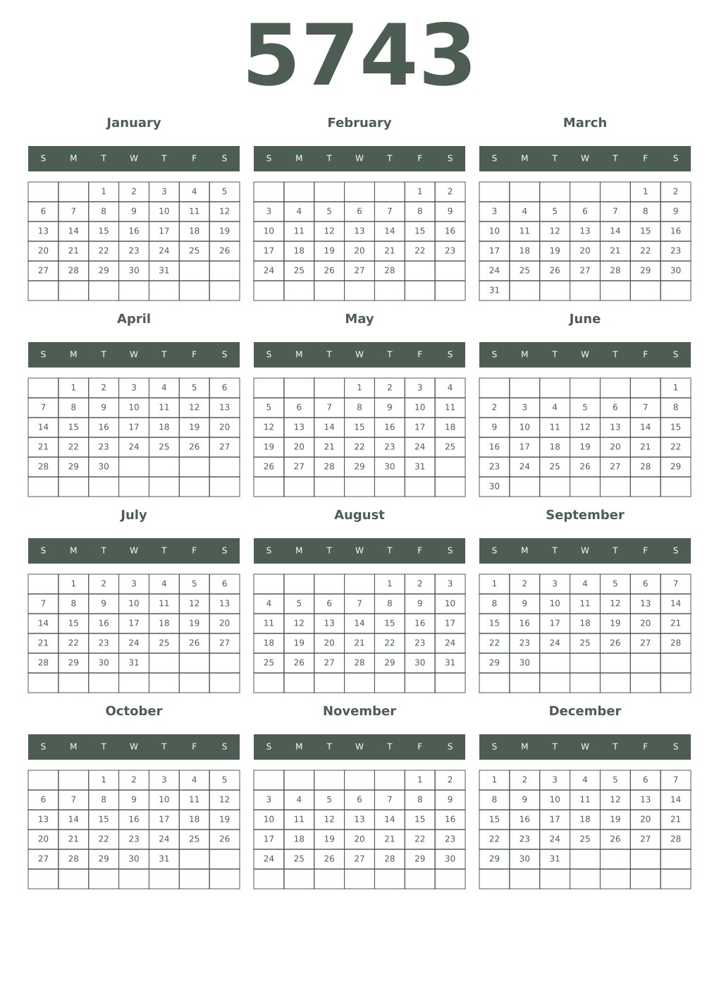 Printable 5743 Year Calendars feldgrau
