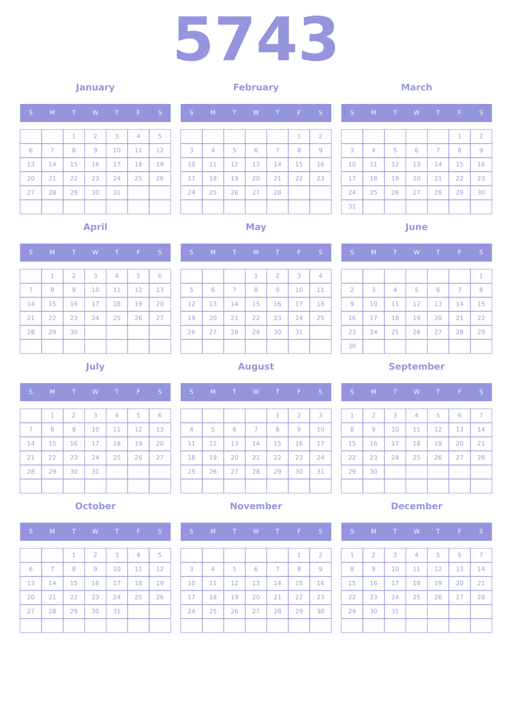 Printable 5743 Year Calendars periwinkle
