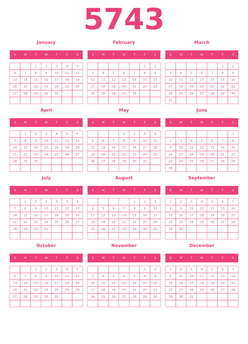 Printable 5743 Year Calendars pink