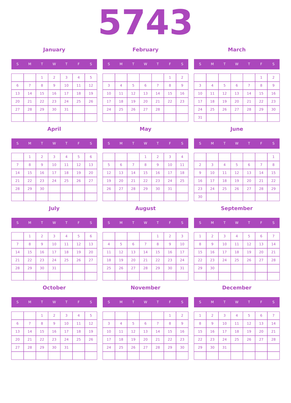 Printable 5743 Year Calendars purple