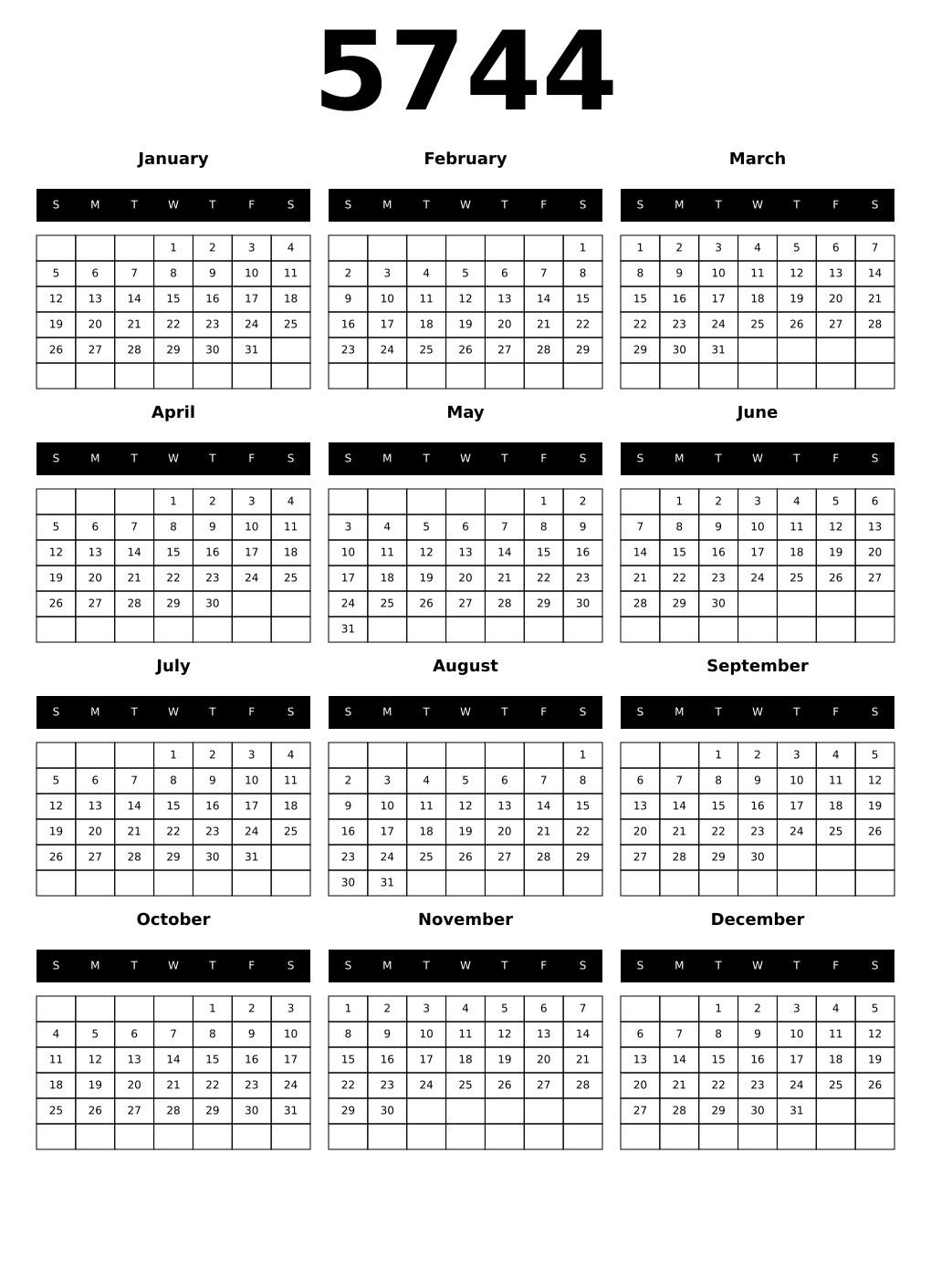 Printable 5744 Year Calendars black
