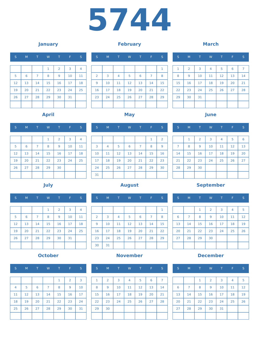 Printable 5744 Year Calendars blue