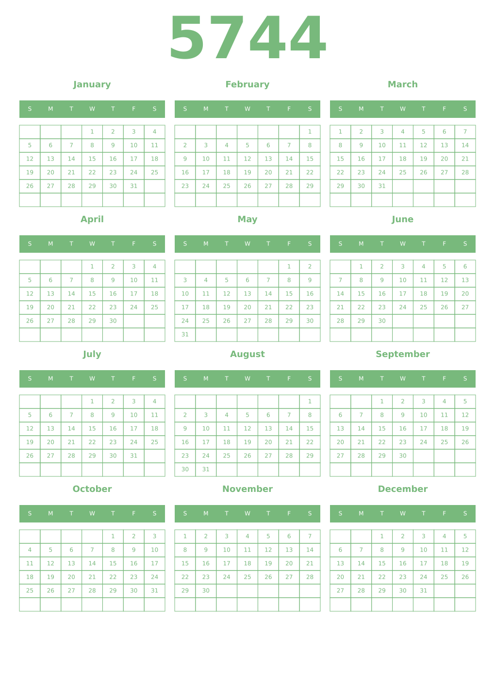 Printable 5744 Year Calendars celadon