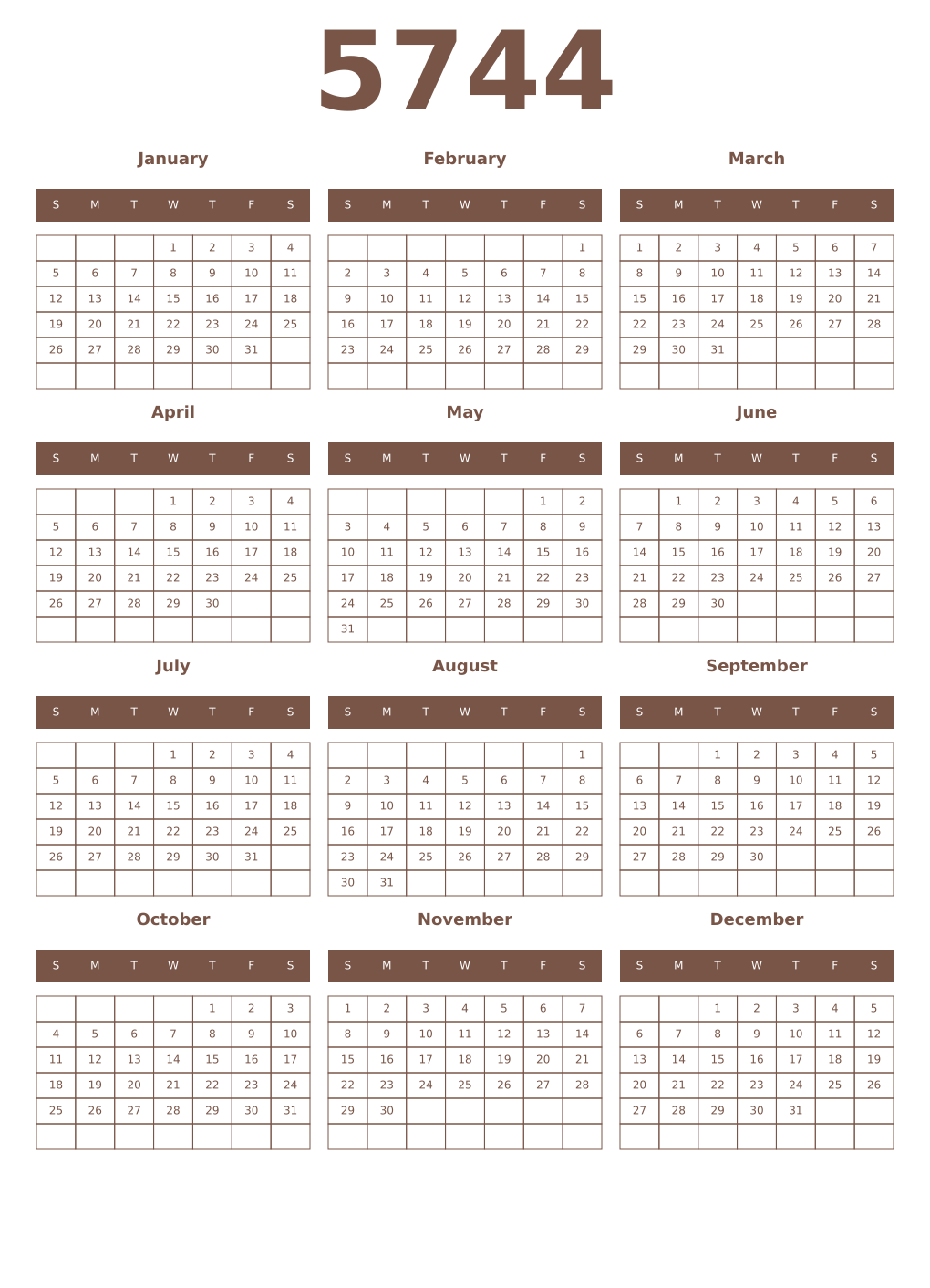Printable 5744 Year Calendars coffe