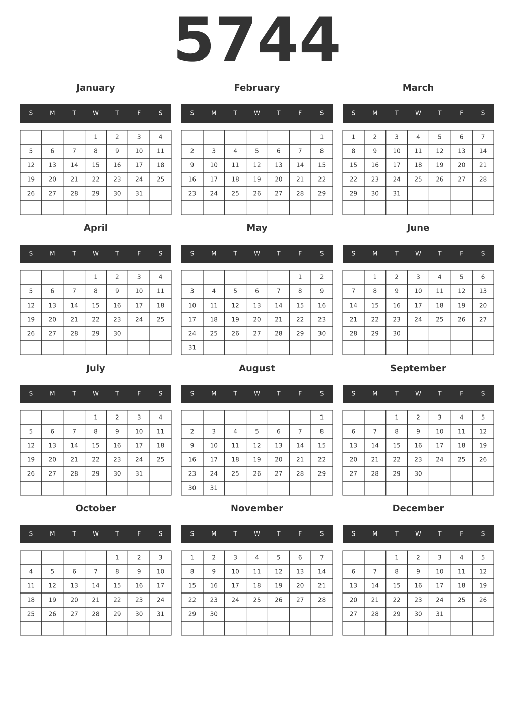 Printable 5744 Year Calendars dark