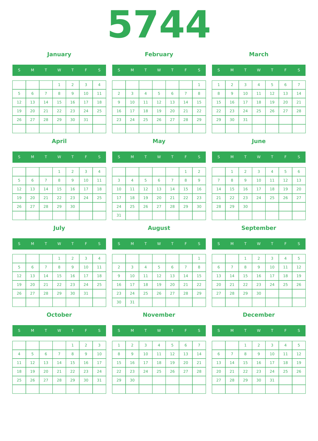 Printable 5744 Year Calendars green