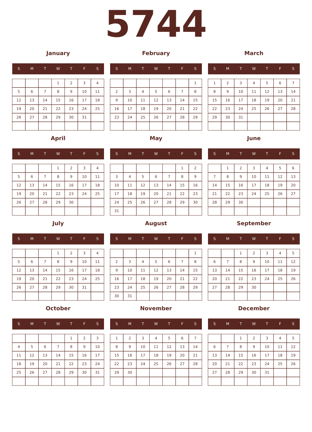 Printable 5744 Year Calendars mortuum
