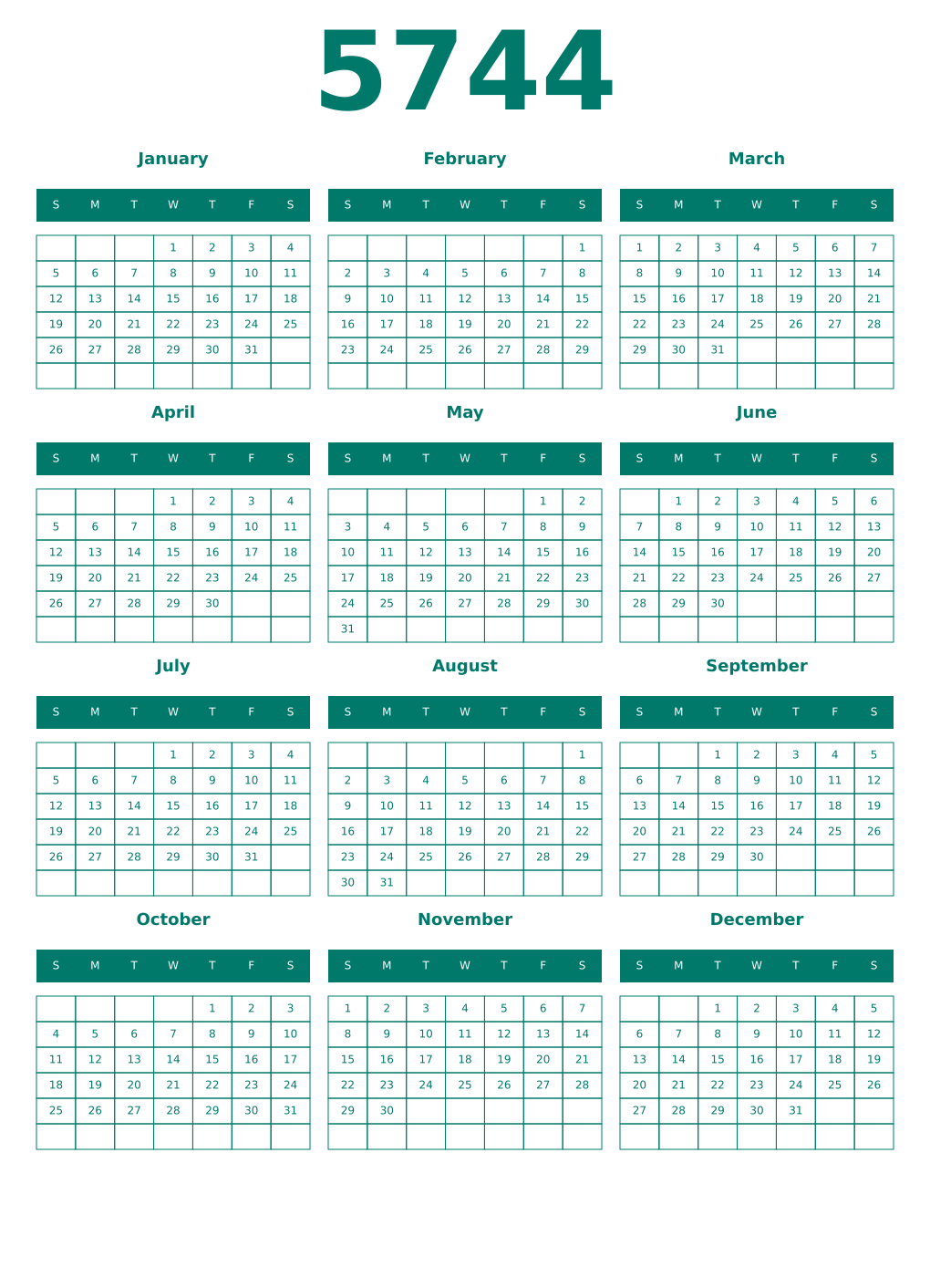 Printable 5744 Year Calendars pastel