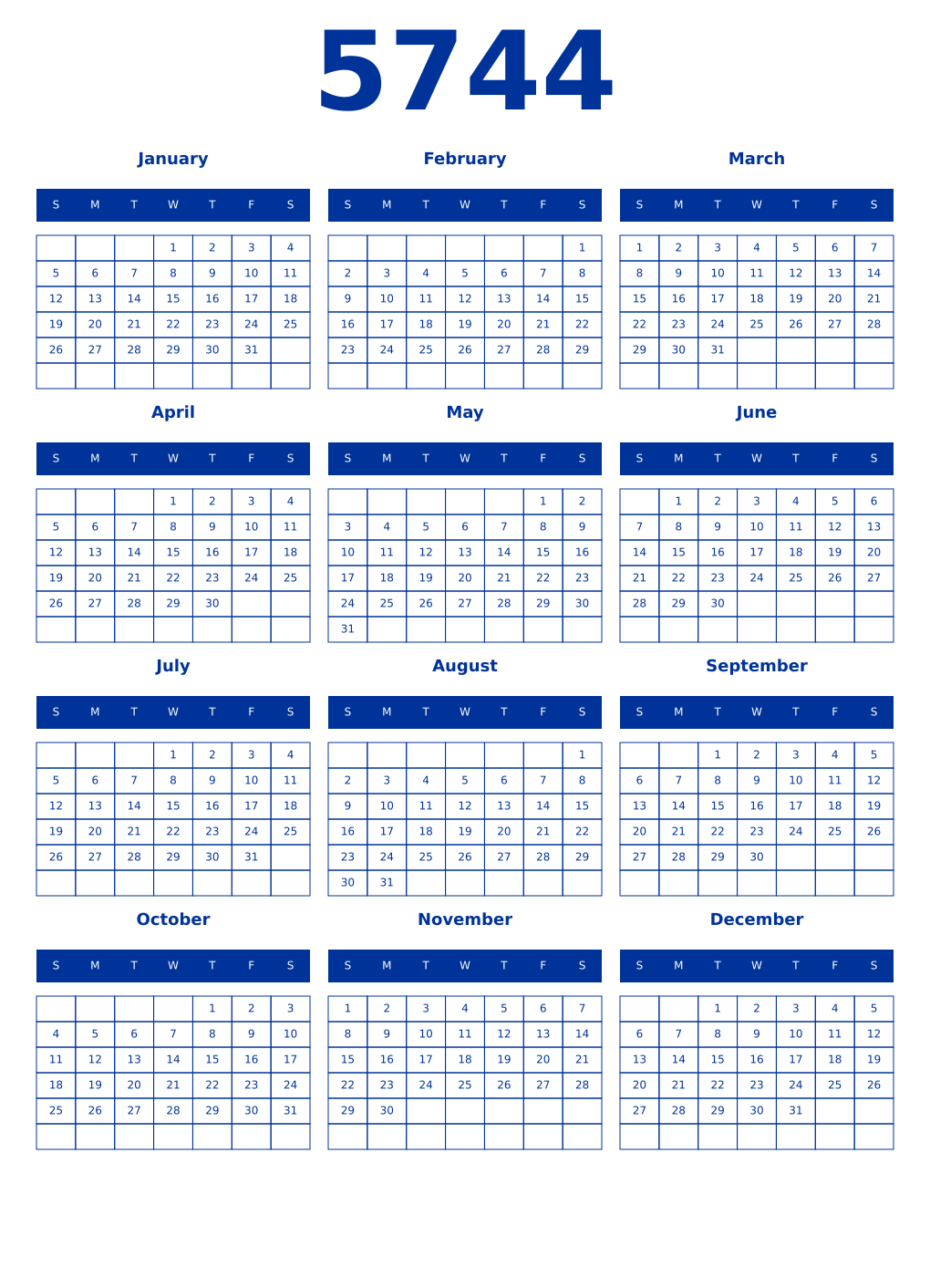 Printable 5744 Year Calendars smalt