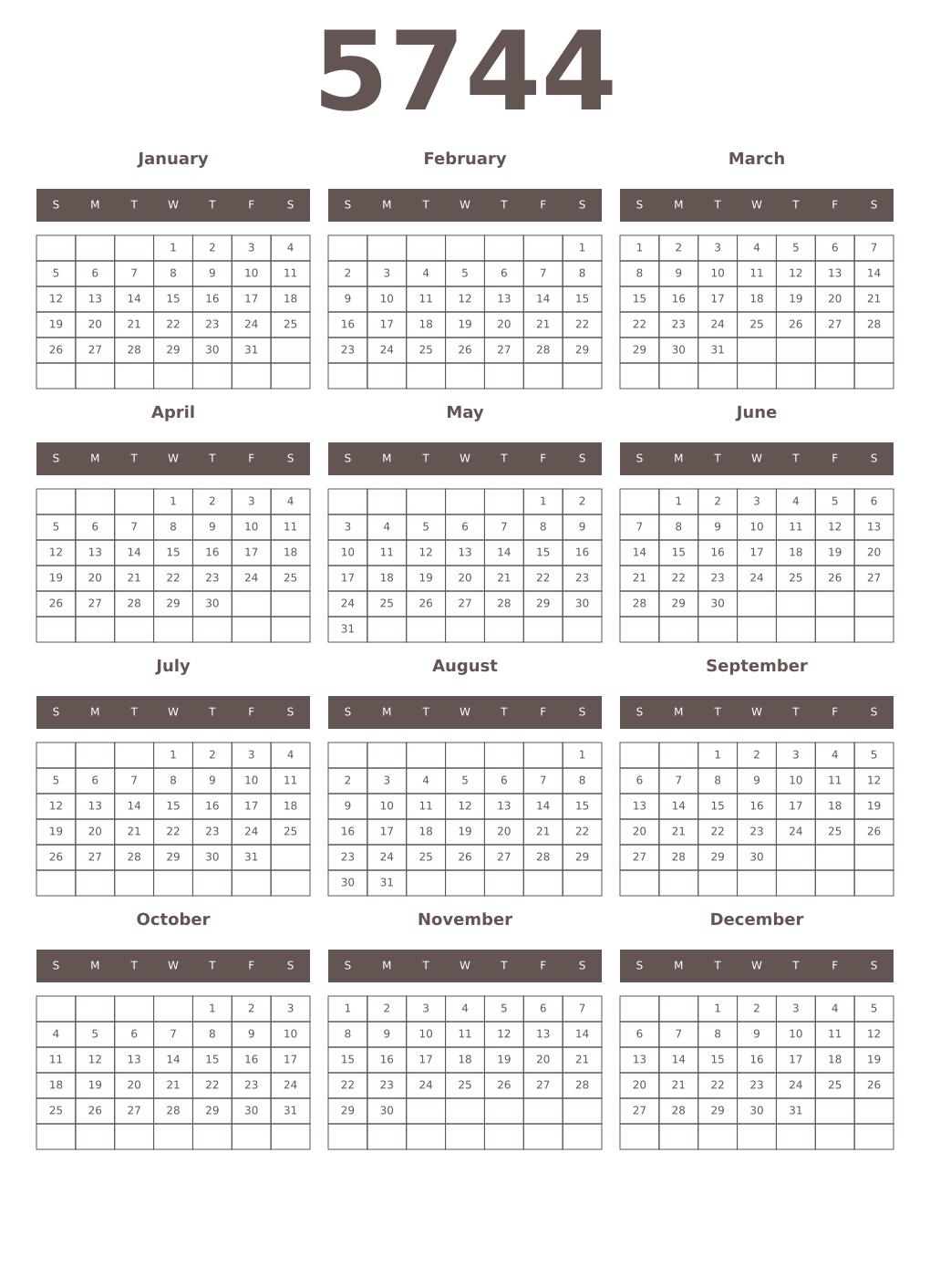 Printable 5744 Year Calendars wenge