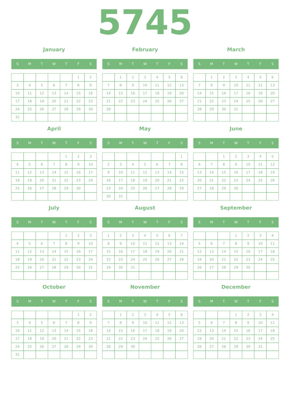 Printable 5745 Year Calendars celadon