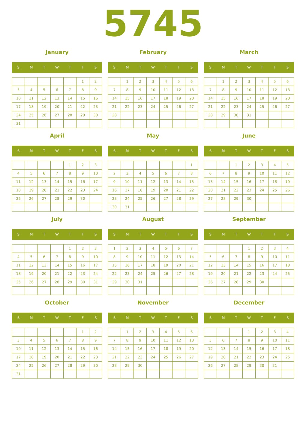 Printable 5745 Year Calendars chartreuse
