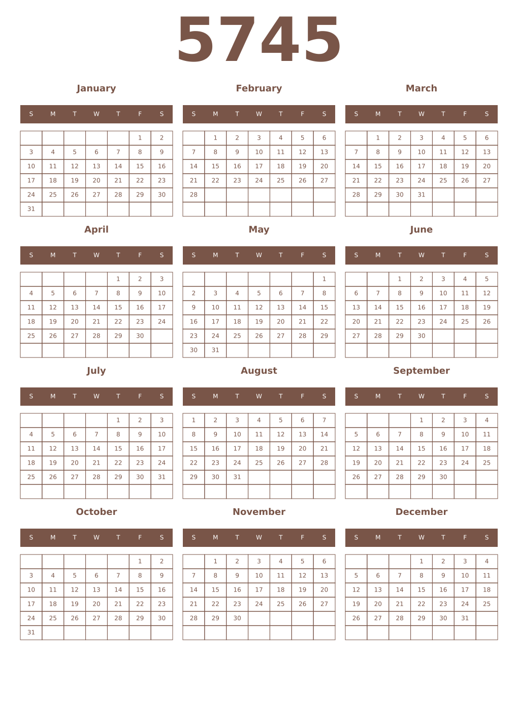 Printable 5745 Year Calendars coffe