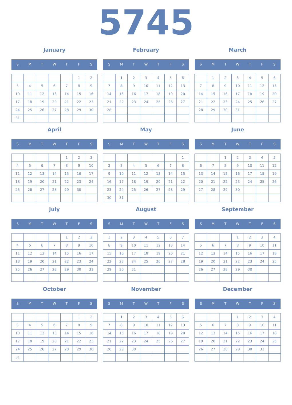 Printable 5745 Year Calendars glaucous