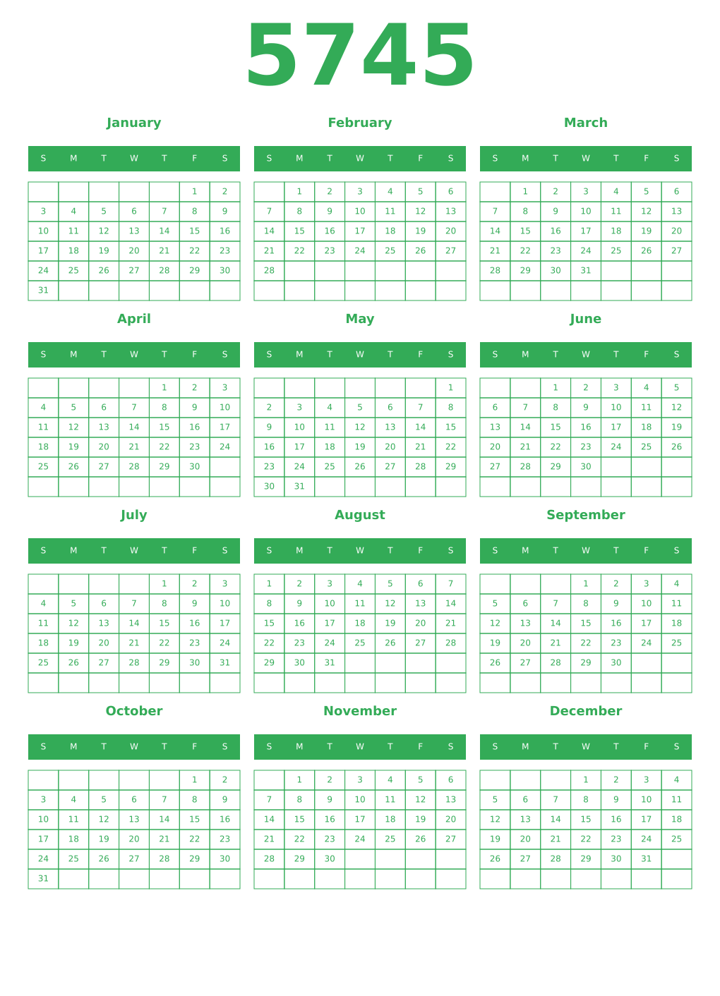 Printable 5745 Year Calendars green