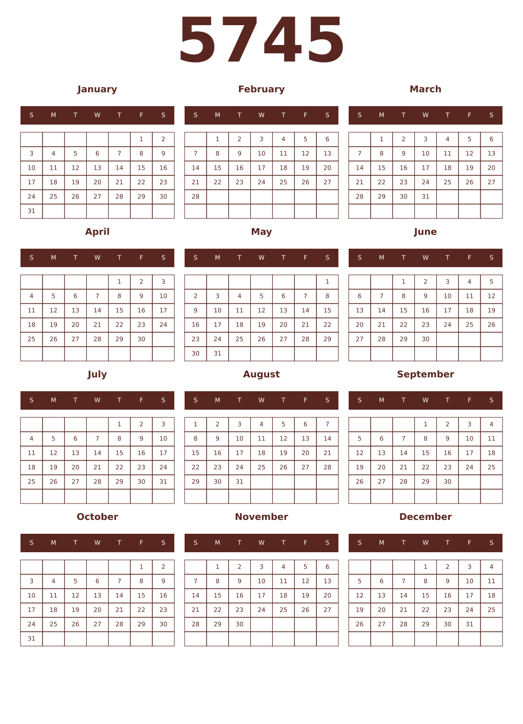 Printable 5745 Year Calendars mortuum