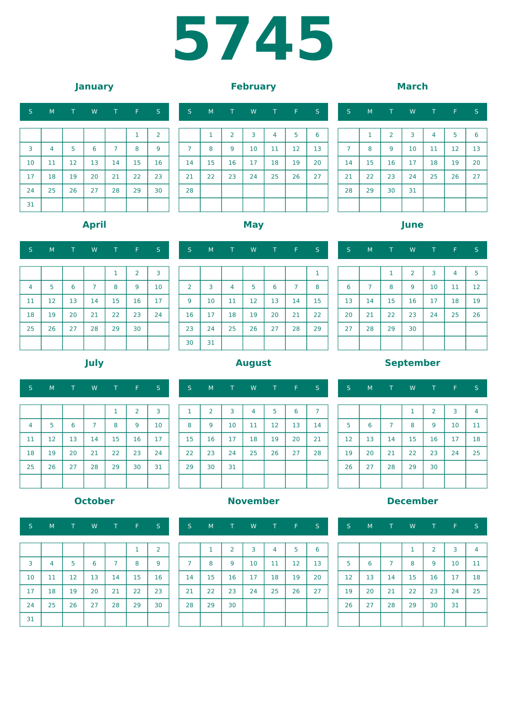 Printable 5745 Year Calendars pastel