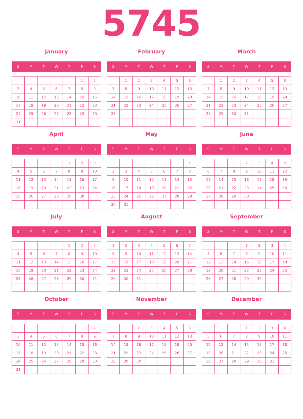 Printable 5745 Year Calendars pink