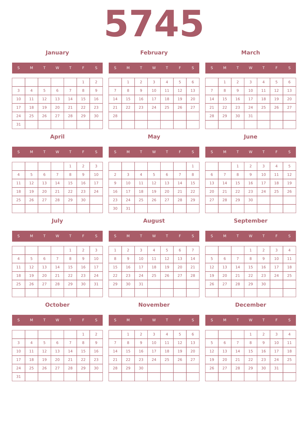 Printable 5745 Year Calendars puce