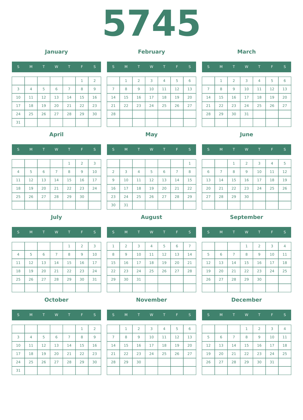 Printable 5745 Year Calendars viridian