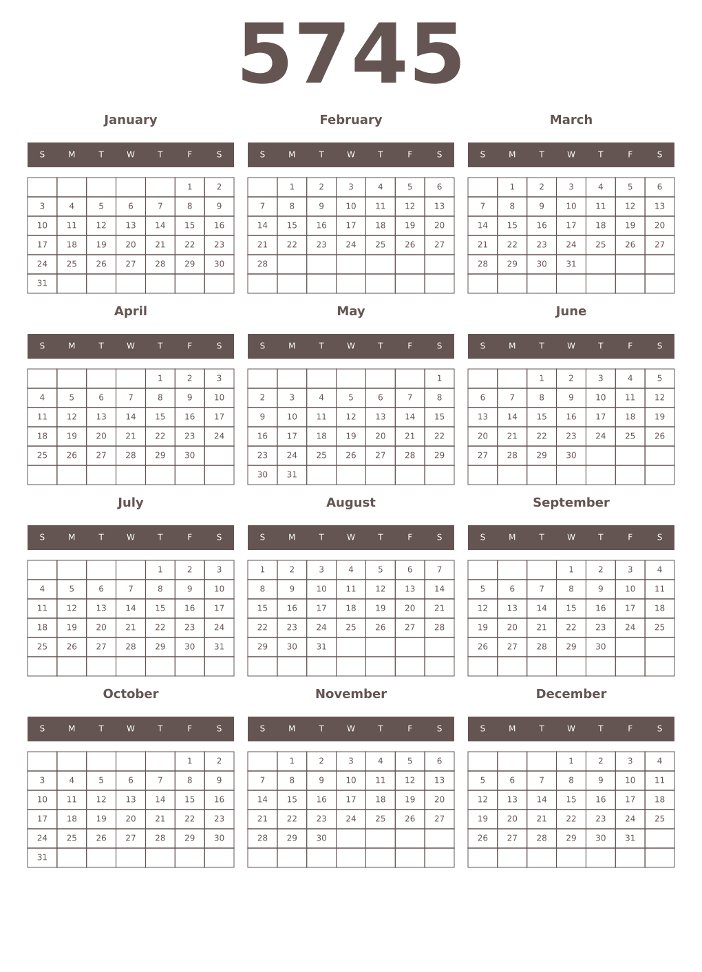 Printable 5745 Year Calendars wenge
