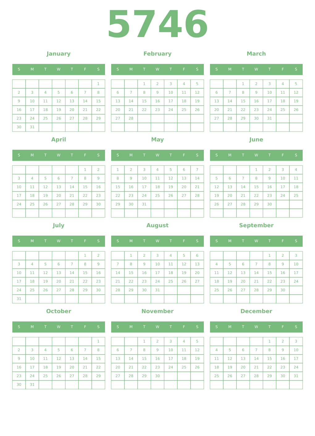 Printable 5746 Year Calendars celadon