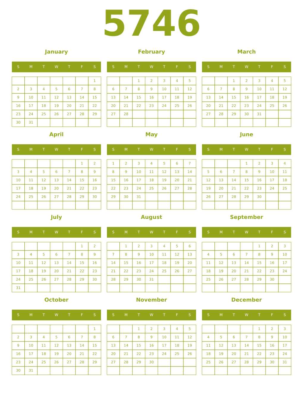 Printable 5746 Year Calendars chartreuse