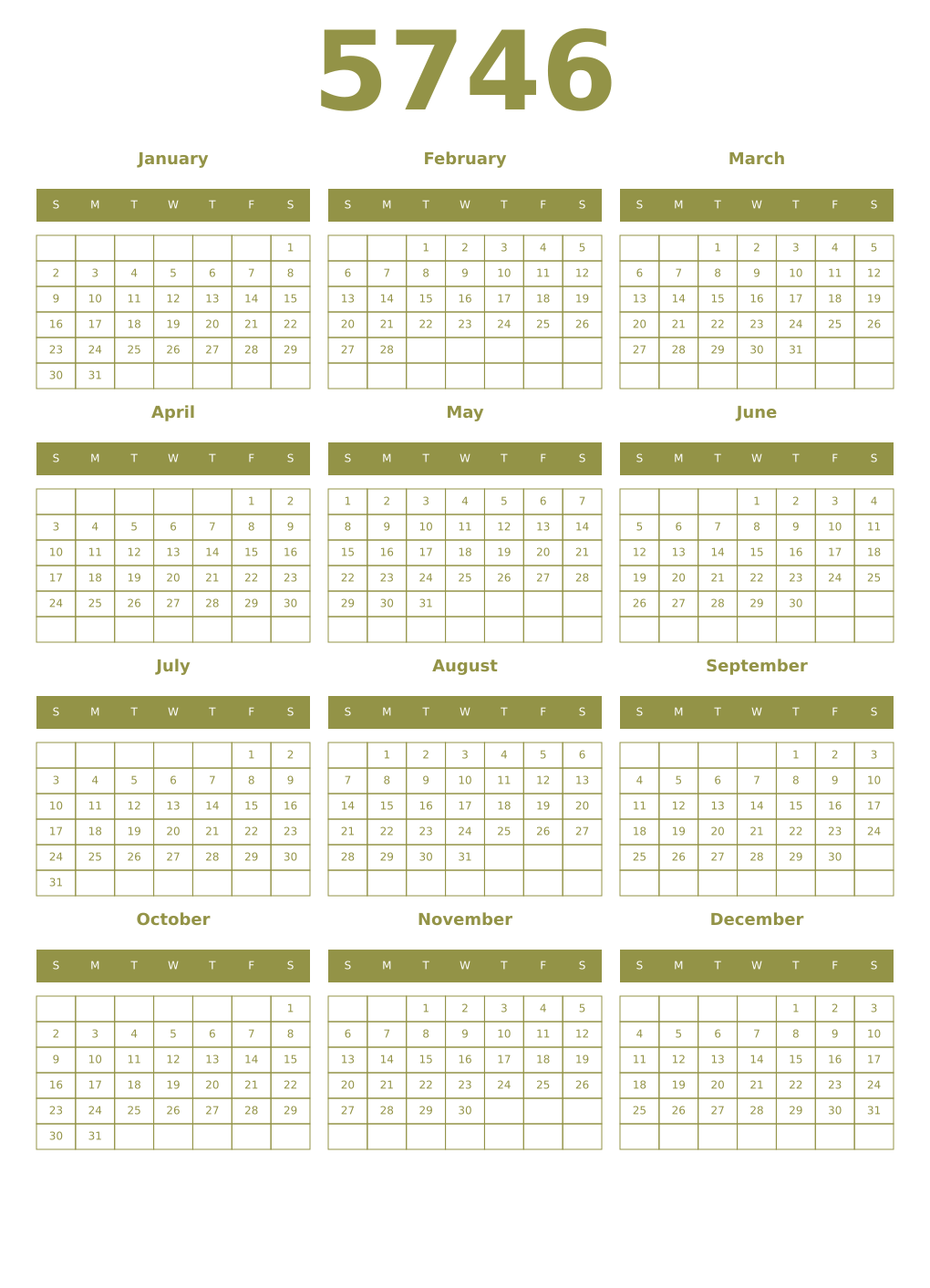Printable 5746 Year Calendars eburnean