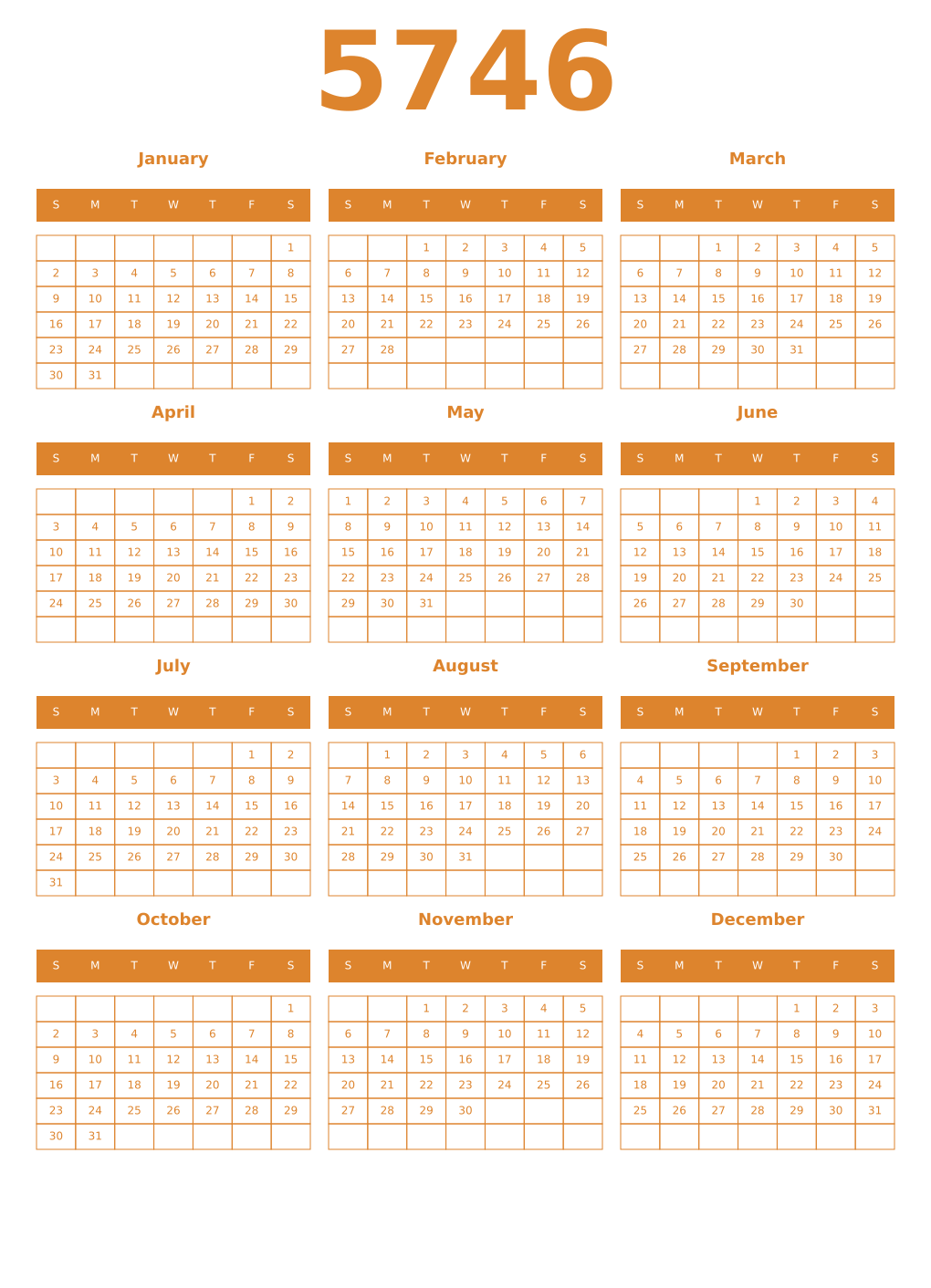 Printable 5746 Year Calendars orange