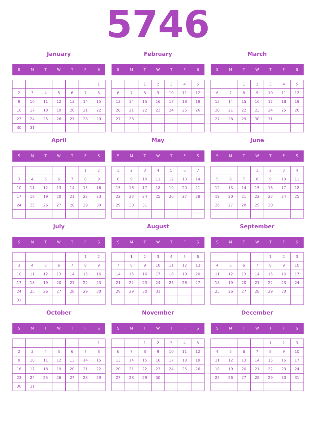 Printable 5746 Year Calendars purple