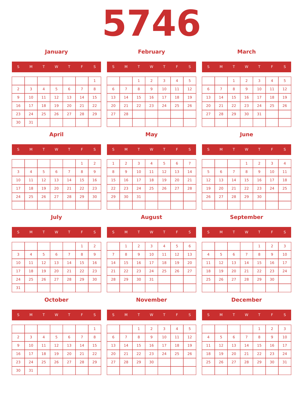 Printable 5746 Year Calendars red
