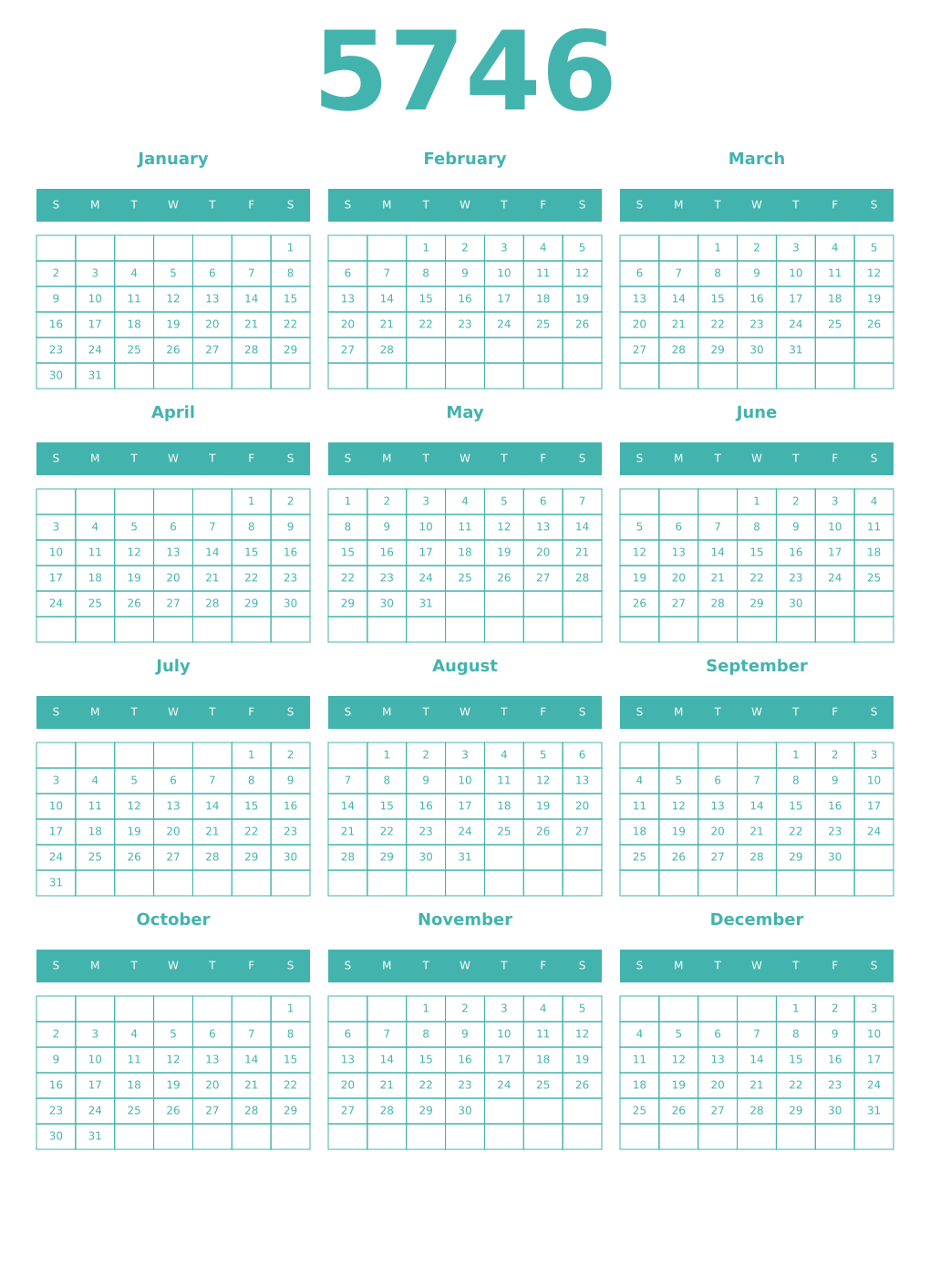 Printable 5746 Year Calendars verdigris