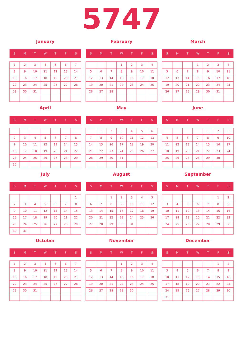 Printable 5747 Year Calendars amaranth