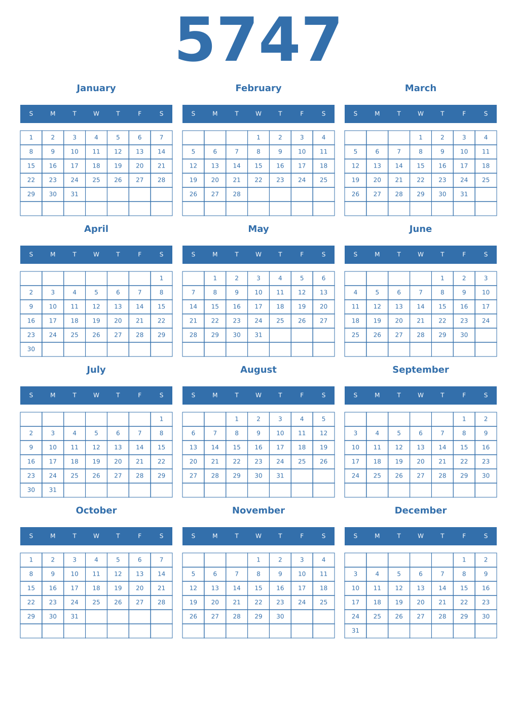 Printable 5747 Year Calendars blue