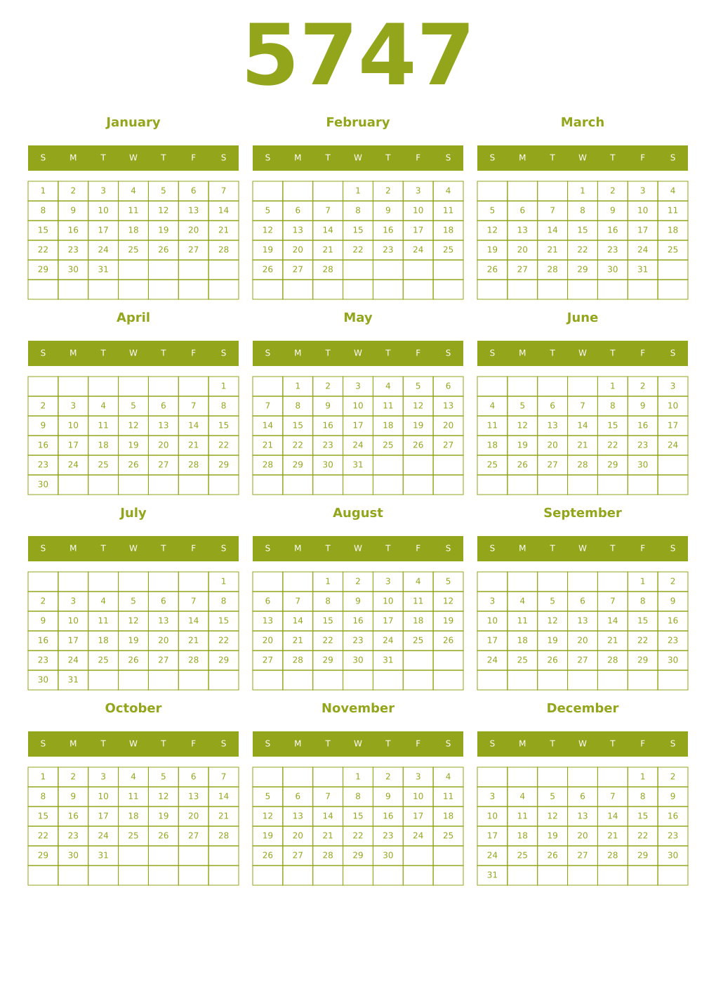 Printable 5747 Year Calendars chartreuse