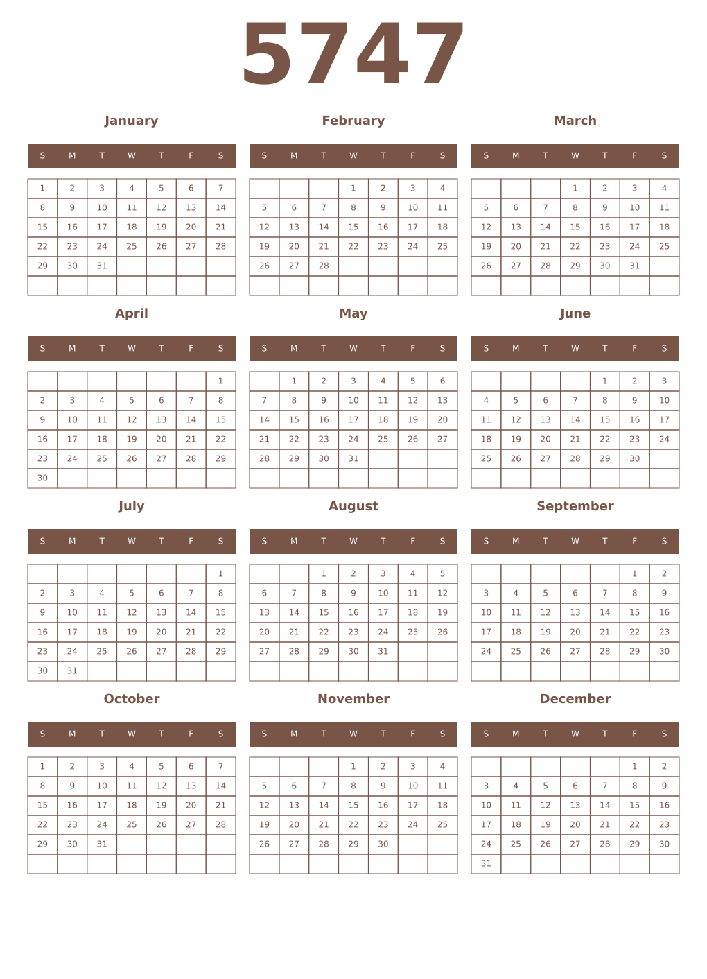 Printable 5747 Year Calendars coffe